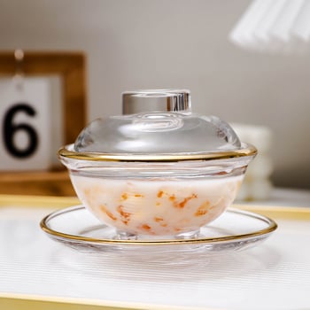 Boluri de desert din sticlă cu capac, set în stil Chinezesc, transparente, margine aurie, rezistente la căldură