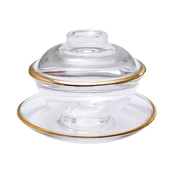 Boluri de desert din sticlă cu capac, set în stil Chinezesc, transparente, margine aurie, rezistente la căldură