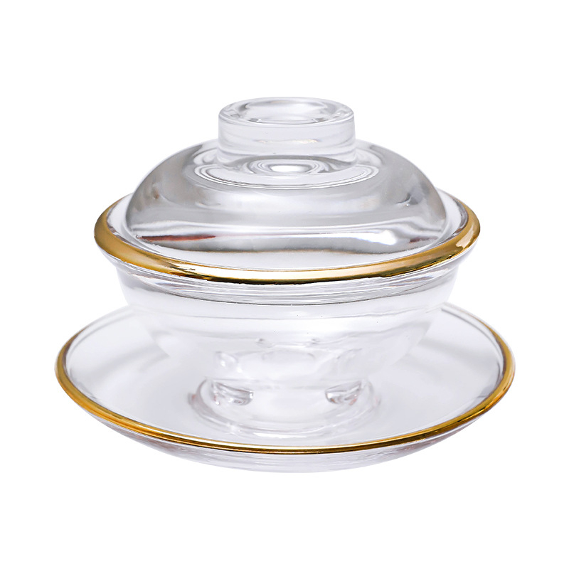Boluri de desert din sticlă cu capac, set în stil Chinezesc, transparente, margine aurie, rezistente la căldură