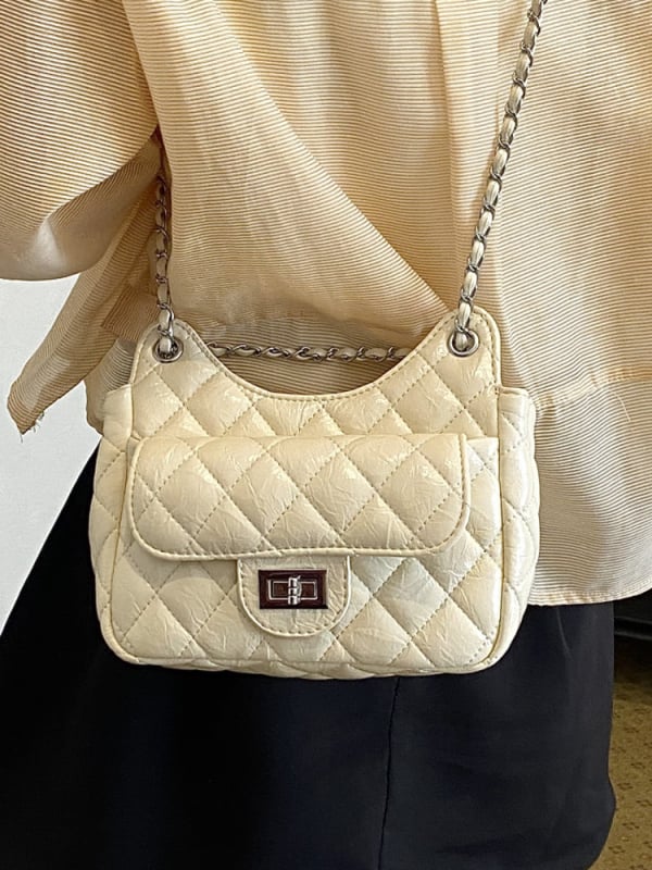 Geantă din PU, model diamantat cu lanț, pentru umăr/crossbody, 2026 primăvară-vară, design de nișă