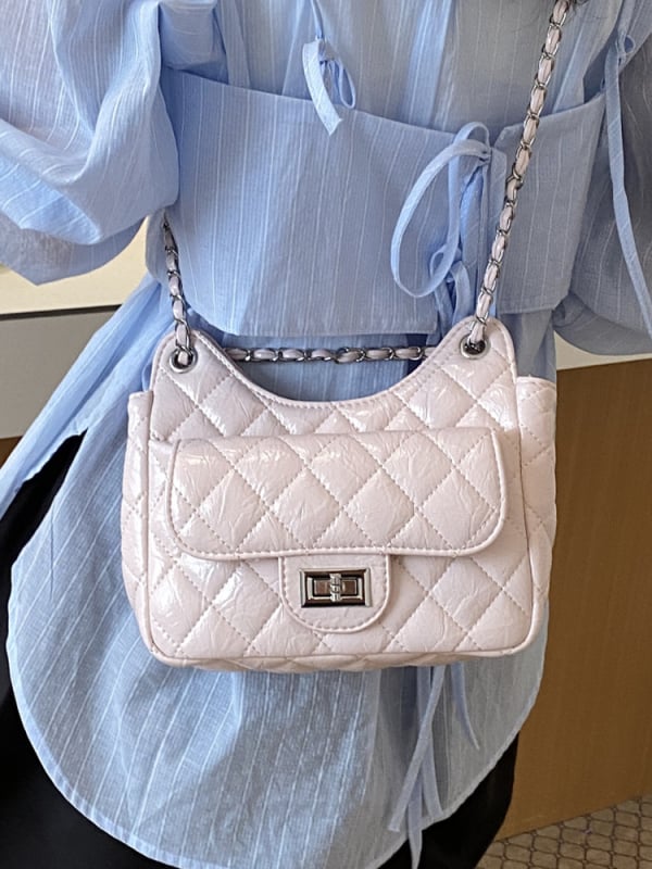 Geantă din PU, model diamantat cu lanț, pentru umăr/crossbody, 2026 primăvară-vară, design de nișă