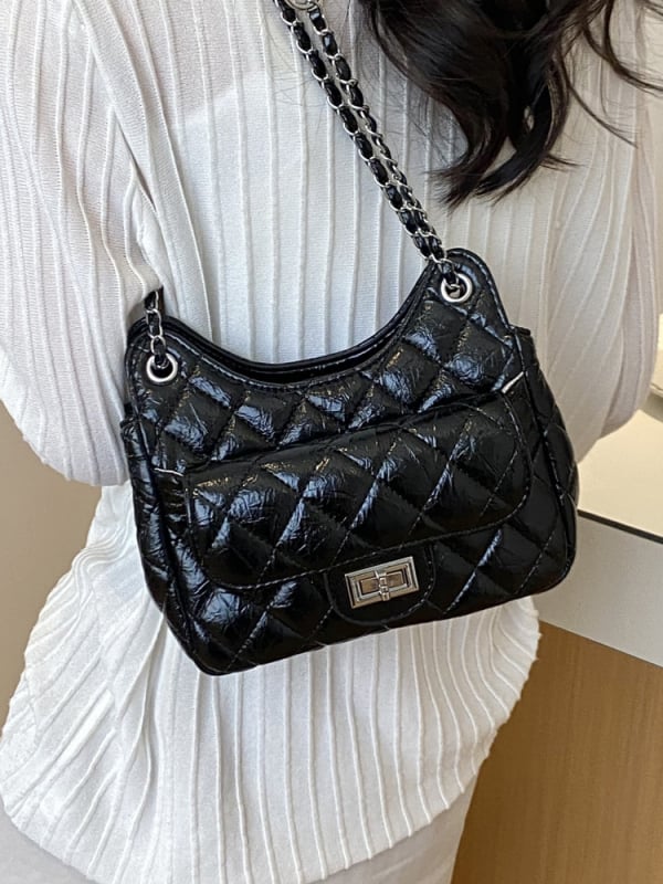 Geantă din PU, model diamantat cu lanț, pentru umăr/crossbody, 2026 primăvară-vară, design de nișă