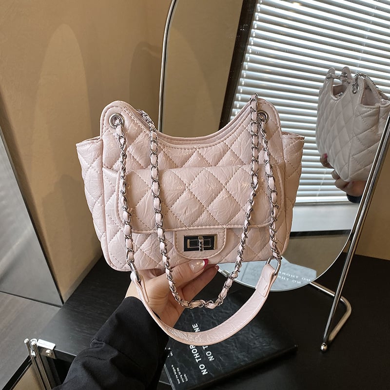 Geantă din PU, model diamantat cu lanț, pentru umăr/crossbody, 2026 primăvară-vară, design de nișă