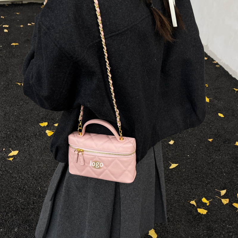Geantă-box cu quilt diamantat și lanț, piele PU, stil Chanel, mică pătrată, gentuță pentru cosmetice, crossbody
