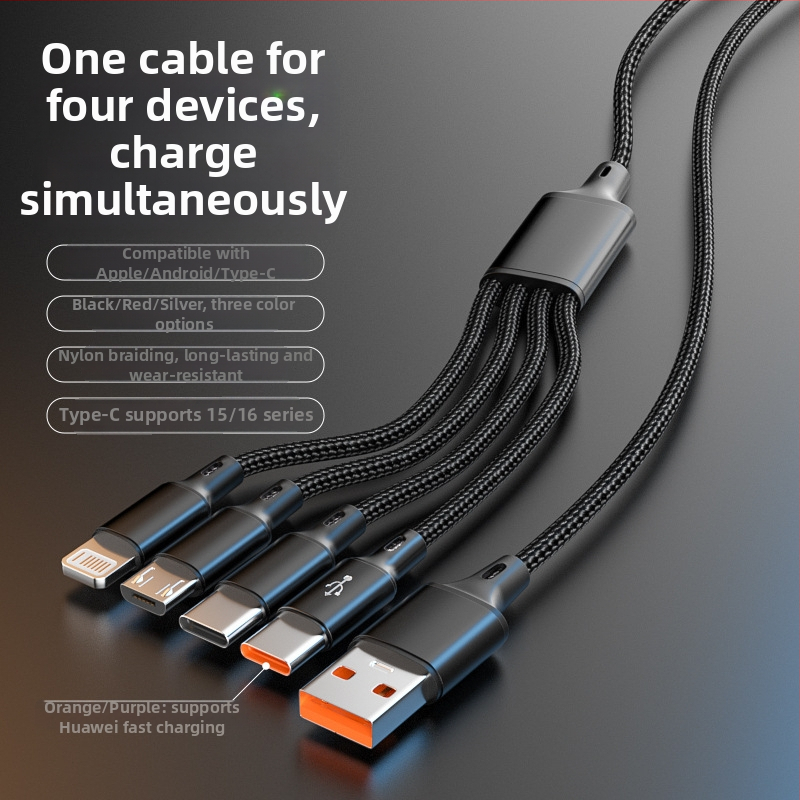 6A opletený nabíjací kábel 4 v 1 pre iPhone 16 a zariadenia Huawei, rýchle nabíjanie USB-C, Micro-USB a Mini-USB, 1,2 m