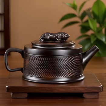Ceainic lucrat manual din lut mov cu design cu pattern de cuțit, capacitate mare, pentru birou, stil retro, cadou de înaltă clasă, set de ceai Kung Fu, model B5