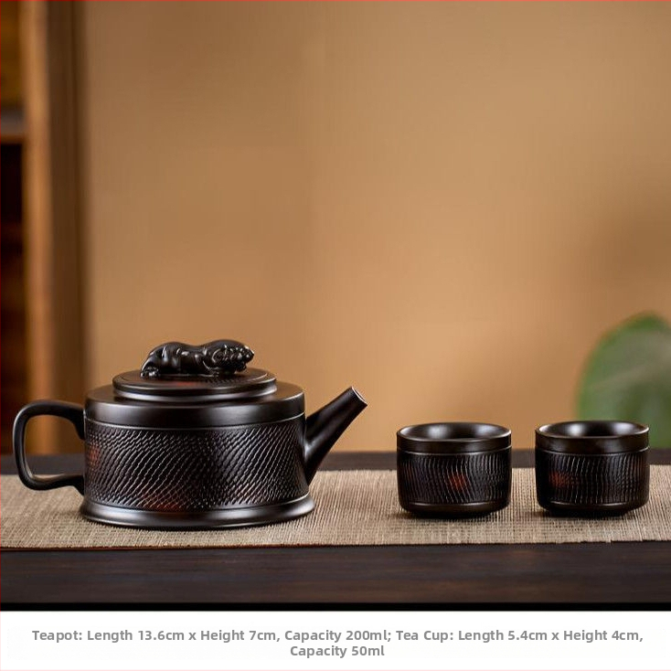 Ceainic lucrat manual din lut mov cu design cu pattern de cuțit, capacitate mare, pentru birou, stil retro, cadou de înaltă clasă, set de ceai Kung Fu, model B5