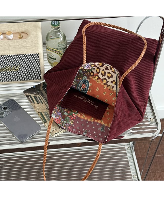 Geantă tote din corduroy cu două fețe pentru femei, capacitate mare, versatilă, la modă, retro, casual, curea de umăr pentru muncă și navetă