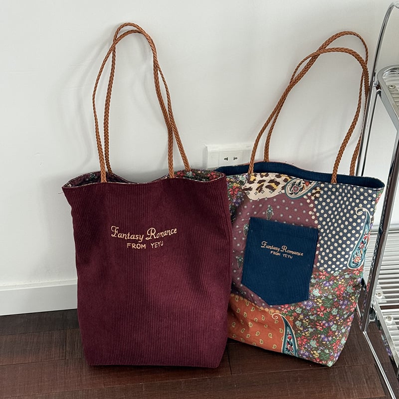 Geantă tote din corduroy cu două fețe pentru femei, capacitate mare, versatilă, la modă, retro, casual, curea de umăr pentru muncă și navetă