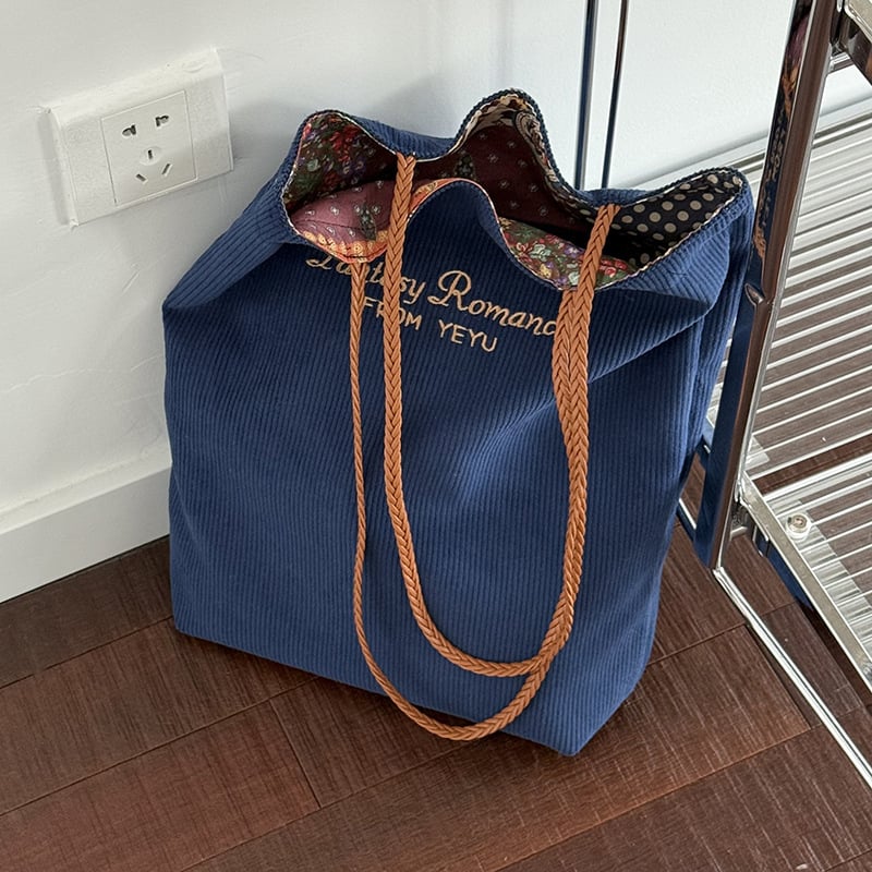 Geantă tote din corduroy cu două fețe pentru femei, capacitate mare, versatilă, la modă, retro, casual, curea de umăr pentru muncă și navetă