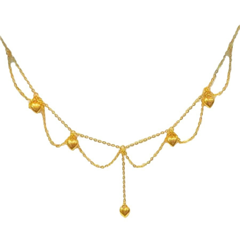 Colier din dantelă auriu, cinci inimi, lungime reglabilă 21–50 cm