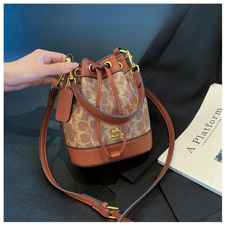 Geantă bucket pentru femei din PU, imprimeu, mică, model nou 2025, crossbody cu șnur, textură premium
