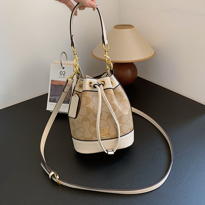 Geantă bucket pentru femei din PU, imprimeu, mică, model nou 2025, crossbody cu șnur, textură premium