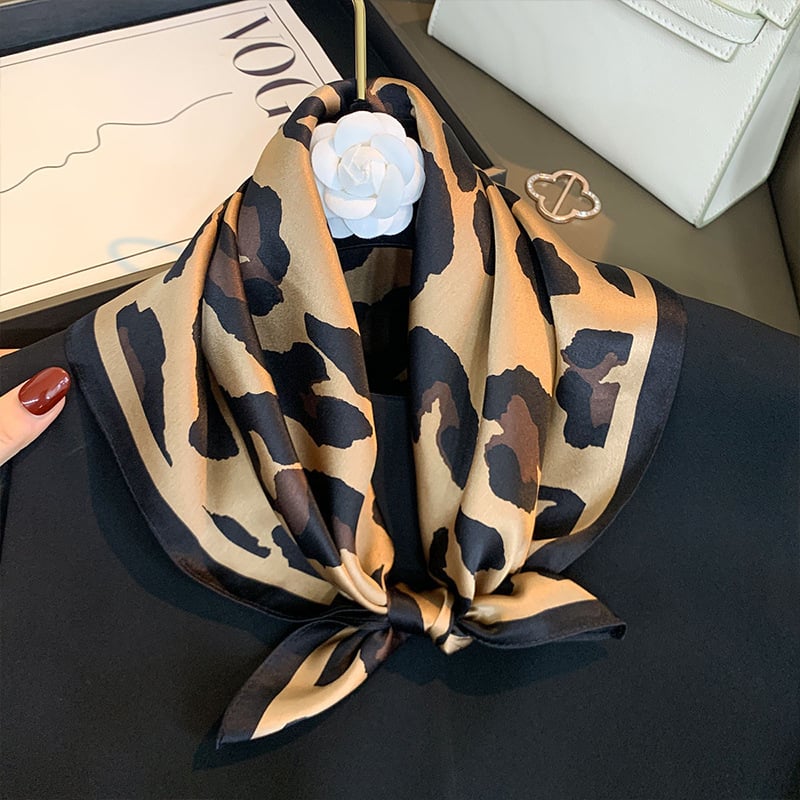 Șal de mătase pentru femei, din satin crepon, 100% mătase de dud, imprimeu leopard auriu, pătrat