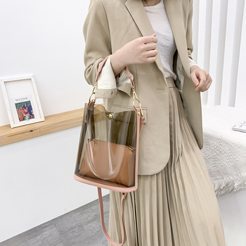 Geantă bucket PU Demo Bird, medie, design transparent cu efect laser, purtată pe umăr sau crossbody