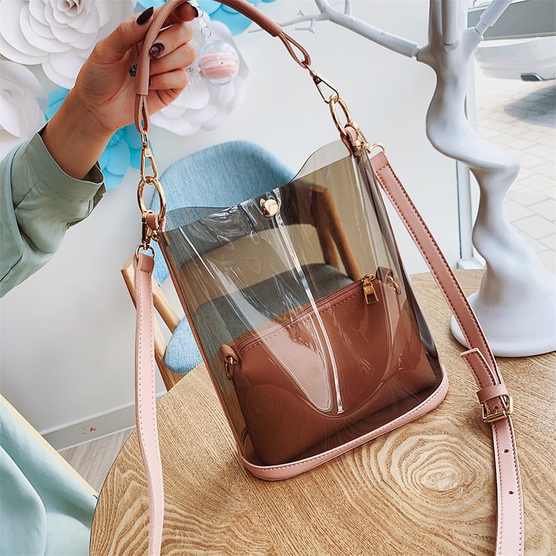 Geantă bucket PU Demo Bird, medie, design transparent cu efect laser, purtată pe umăr sau crossbody