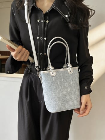 Geantă bucket din denim, stil coreean, mică, cu curea crossbody și închidere magnetică
