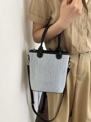 Geantă bucket din denim, stil coreean, mică, cu curea crossbody și închidere magnetică