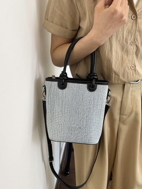 Geantă bucket din denim, stil coreean, mică, cu curea crossbody și închidere magnetică