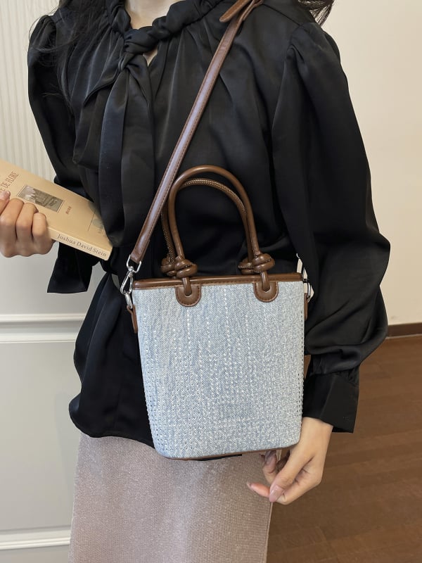 Geantă bucket din denim, stil coreean, mică, cu curea crossbody și închidere magnetică