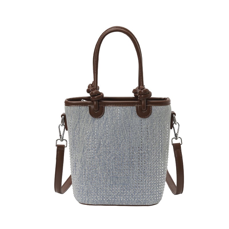 Geantă bucket din denim, stil coreean, mică, cu curea crossbody și închidere magnetică