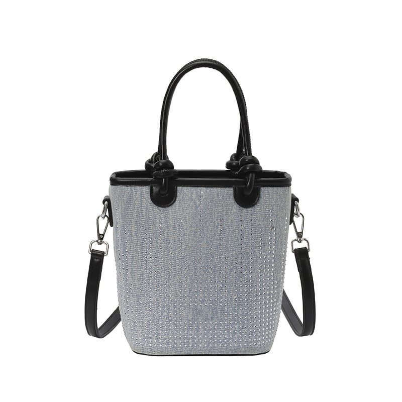 Geantă bucket din denim, stil coreean, mică, cu curea crossbody și închidere magnetică