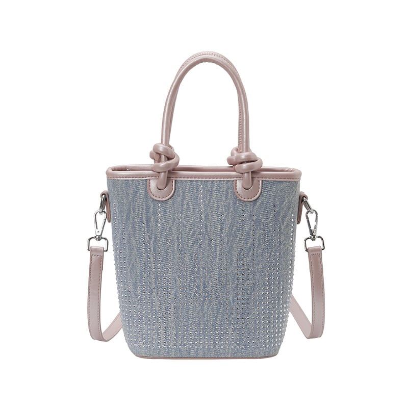 Geantă bucket din denim, stil coreean, mică, cu curea crossbody și închidere magnetică