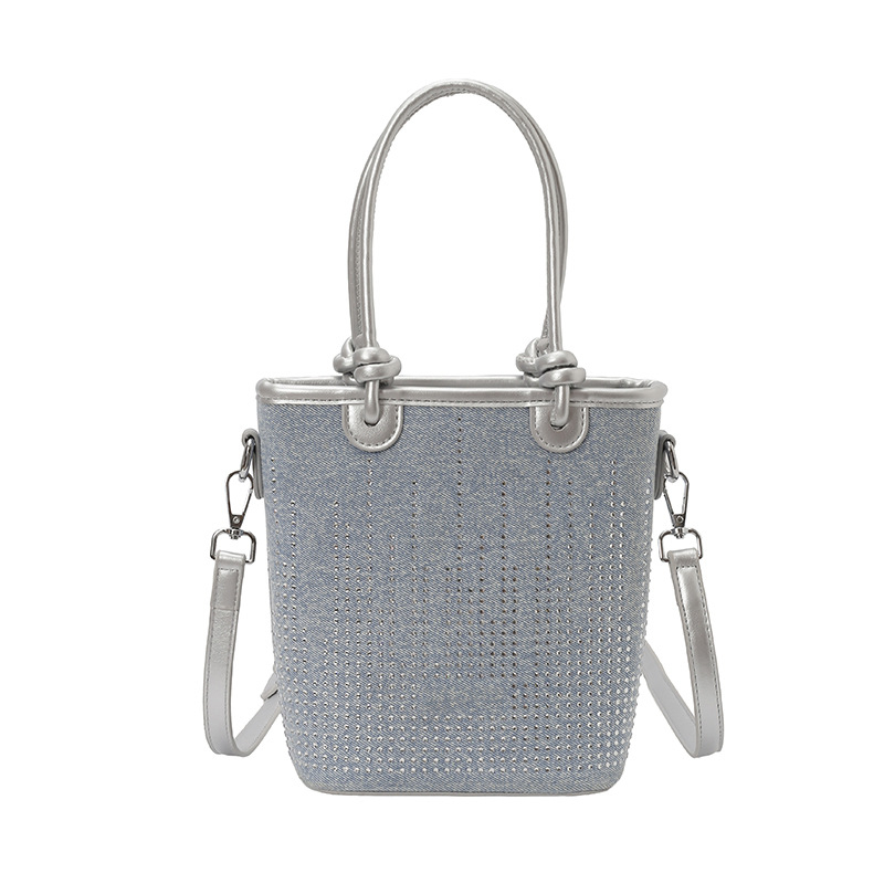 Geantă bucket din denim, stil coreean, mică, cu curea crossbody și închidere magnetică