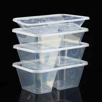Cutie de mâncare cu două compartimente, de unică folosință, pentru takeout, din plastic transparent, rezistent, de calitate alimentară, cu capac