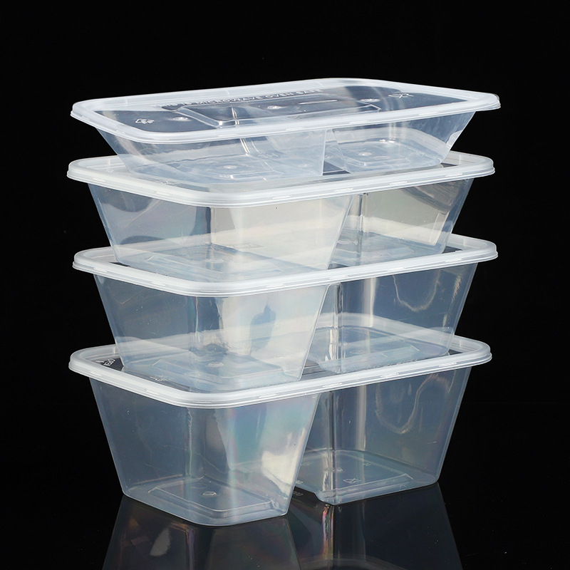 Cutie de mâncare cu două compartimente, de unică folosință, pentru takeout, din plastic transparent, rezistent, de calitate alimentară, cu capac