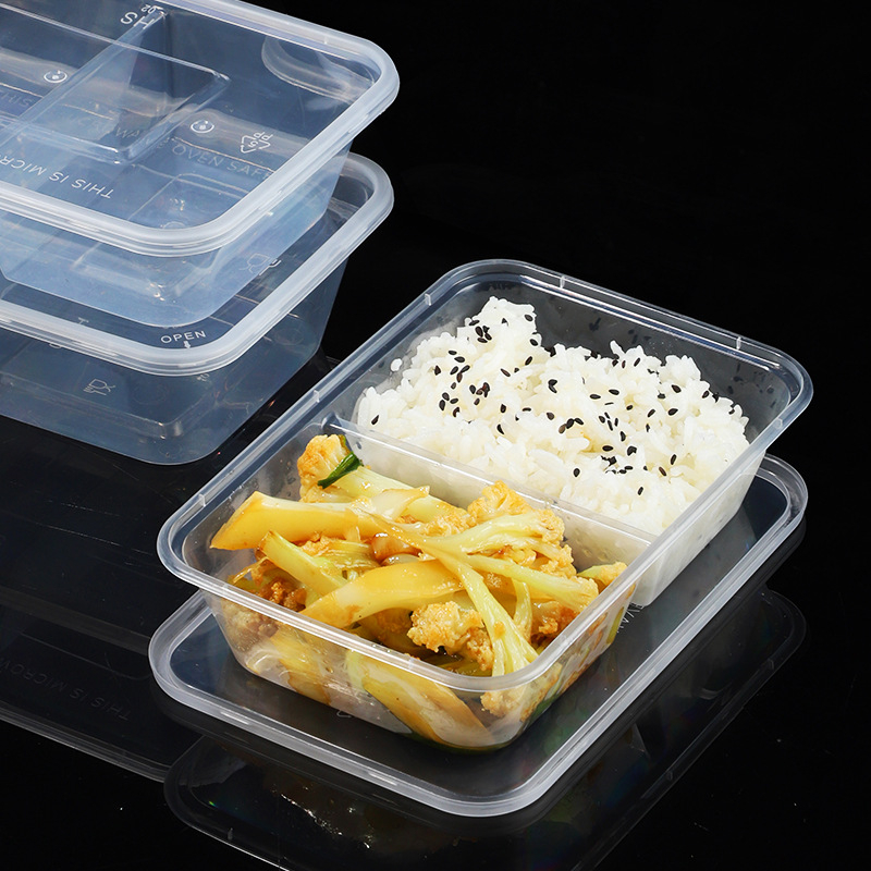 Cutie de mâncare cu două compartimente, de unică folosință, pentru takeout, din plastic transparent, rezistent, de calitate alimentară, cu capac