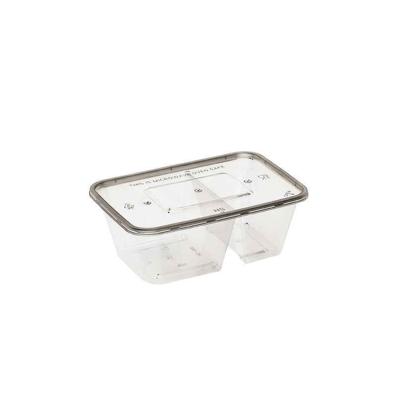 Cutie de mâncare cu două compartimente, de unică folosință, pentru takeout, din plastic transparent, rezistent, de calitate alimentară, cu capac