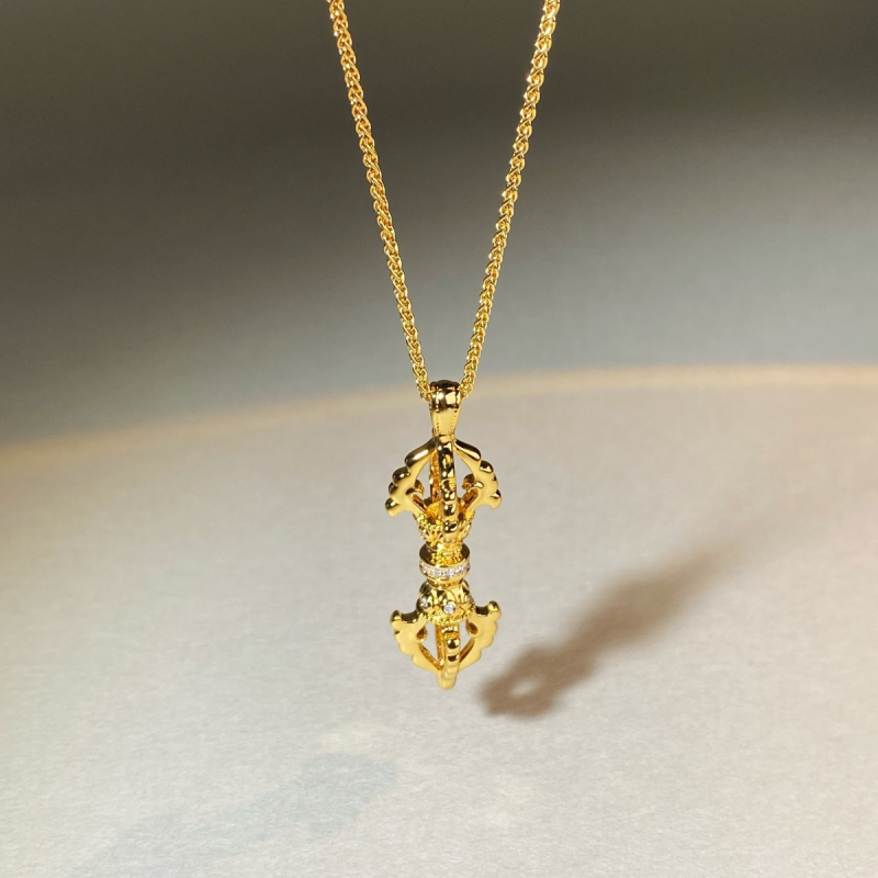 Colier Vajra, pandant placat cu aur 18K, cu diamante, nuanță aurie, stil chinezesc