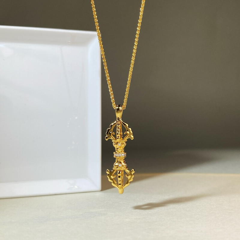 Colier Vajra, pandant placat cu aur 18K, cu diamante, nuanță aurie, stil chinezesc