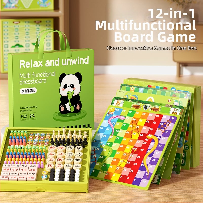 Set educațional de jocuri de masă pentru copii cu Flying Chess, Dame și Gomoku — 12-in-1 tablă multifuncțională