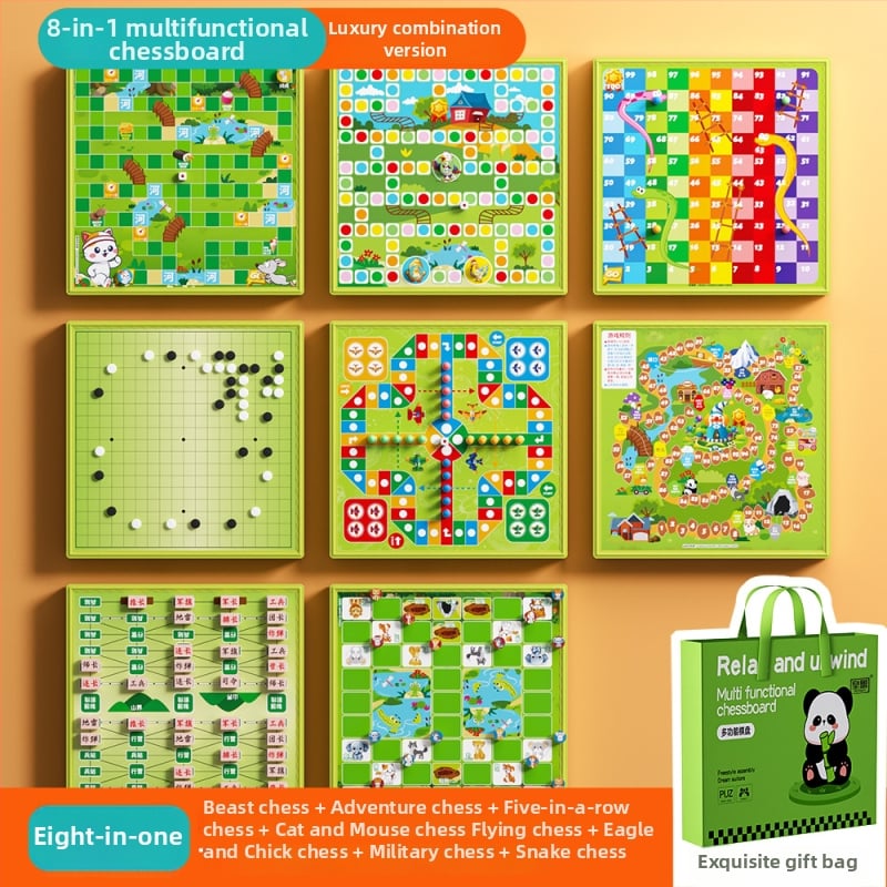 Set educațional de jocuri de masă pentru copii cu Flying Chess, Dame și Gomoku — 12-in-1 tablă multifuncțională