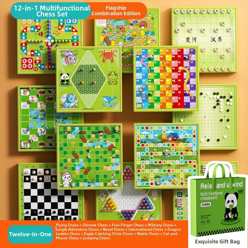 Set educațional de jocuri de masă pentru copii cu Flying Chess, Dame și Gomoku — 12-in-1 tablă multifuncțională