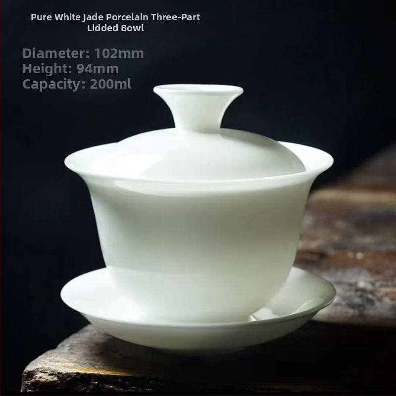 Trojdielna šálka na čaj z nefritového porcelánu Mutton-Fat s viečkom, veľkokapacitný biely porcelán na prípravu čaju, darček do domácnosti alebo kancelárie.