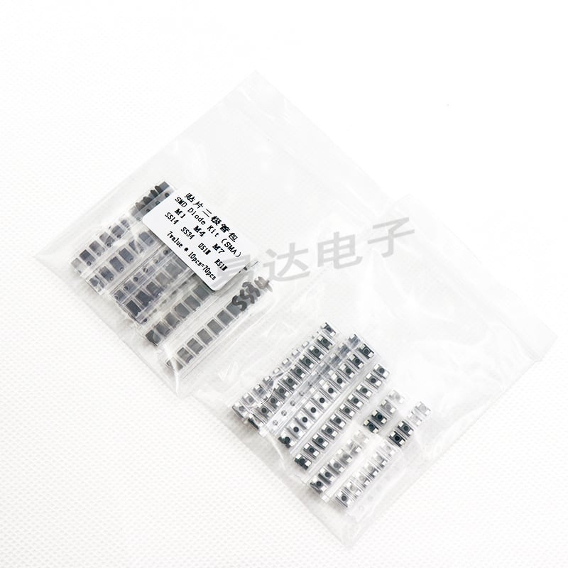 Pachet diode SMD: 7 tipuri, câte 10 bucăți fiecare (70 de bucăți în total), ambalaj SMA, modele M1, M4, M7, SS14, SS34, US1M, RS1M