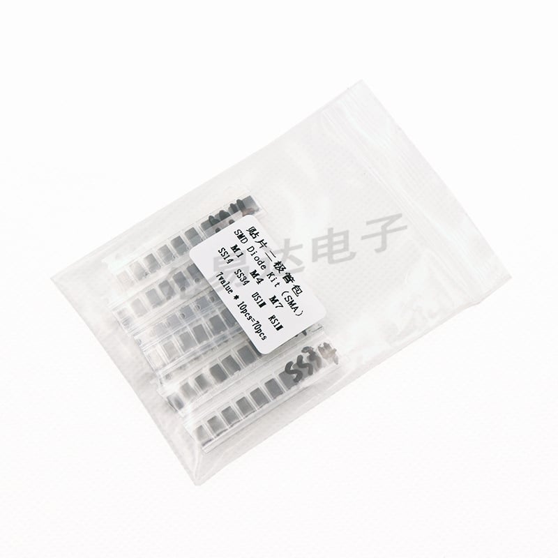 Pachet diode SMD: 7 tipuri, câte 10 bucăți fiecare (70 de bucăți în total), ambalaj SMA, modele M1, M4, M7, SS14, SS34, US1M, RS1M