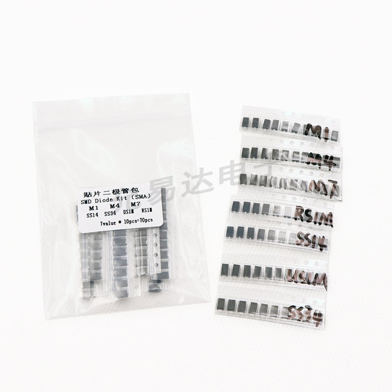 Pachet diode SMD: 7 tipuri, câte 10 bucăți fiecare (70 de bucăți în total), ambalaj SMA, modele M1, M4, M7, SS14, SS34, US1M, RS1M