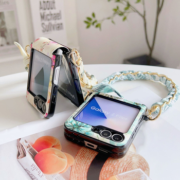 Carcasă de telefon în stil național, gradient floral, pentru Samsung Galaxy Z Flip7/5 și Z Flip6/4 – două în unu, realizată manual, din piele sintetică, cu fular de mătase pentru ținere