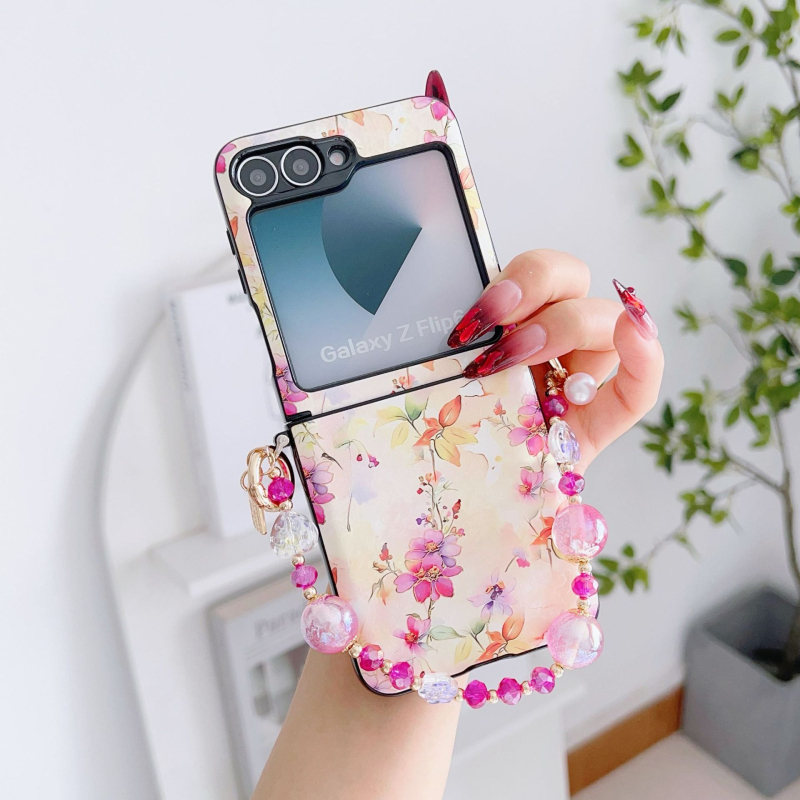 Carcasă de telefon în stil național, gradient floral, pentru Samsung Galaxy Z Flip7/5 și Z Flip6/4 – două în unu, realizată manual, din piele sintetică, cu fular de mătase pentru ținere