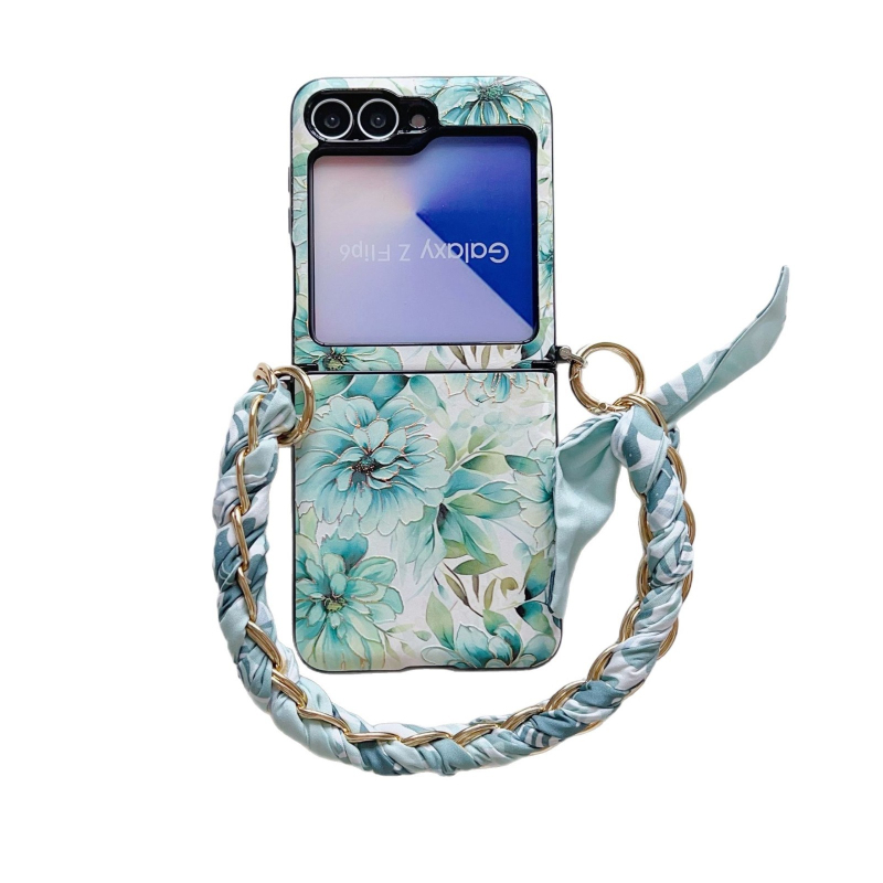 Carcasă de telefon în stil național, gradient floral, pentru Samsung Galaxy Z Flip7/5 și Z Flip6/4 – două în unu, realizată manual, din piele sintetică, cu fular de mătase pentru ținere