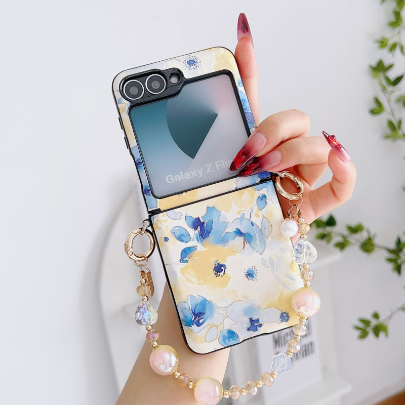 Carcasă de telefon în stil național, gradient floral, pentru Samsung Galaxy Z Flip7/5 și Z Flip6/4 – două în unu, realizată manual, din piele sintetică, cu fular de mătase pentru ținere