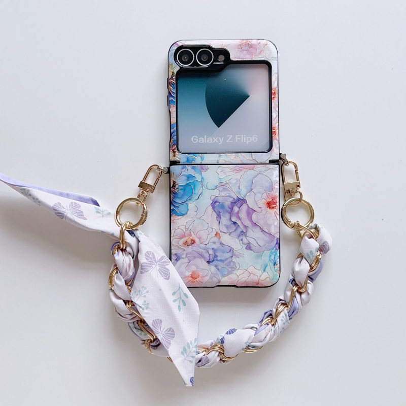 Carcasă de telefon în stil național, gradient floral, pentru Samsung Galaxy Z Flip7/5 și Z Flip6/4 – două în unu, realizată manual, din piele sintetică, cu fular de mătase pentru ținere