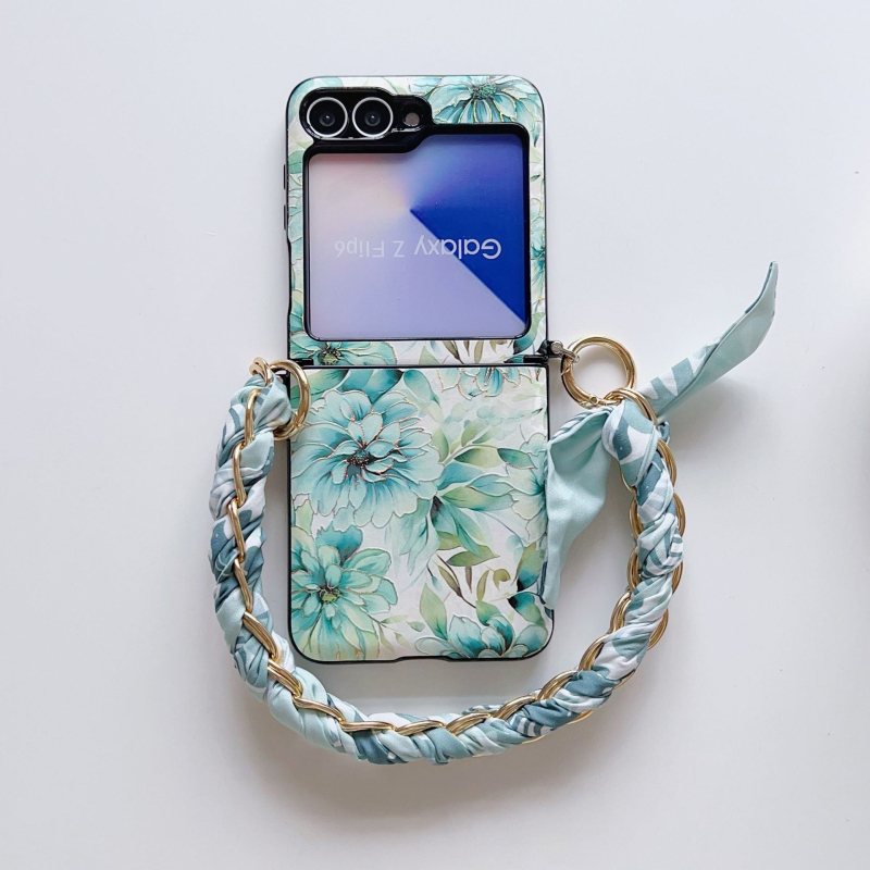 Carcasă de telefon în stil național, gradient floral, pentru Samsung Galaxy Z Flip7/5 și Z Flip6/4 – două în unu, realizată manual, din piele sintetică, cu fular de mătase pentru ținere
