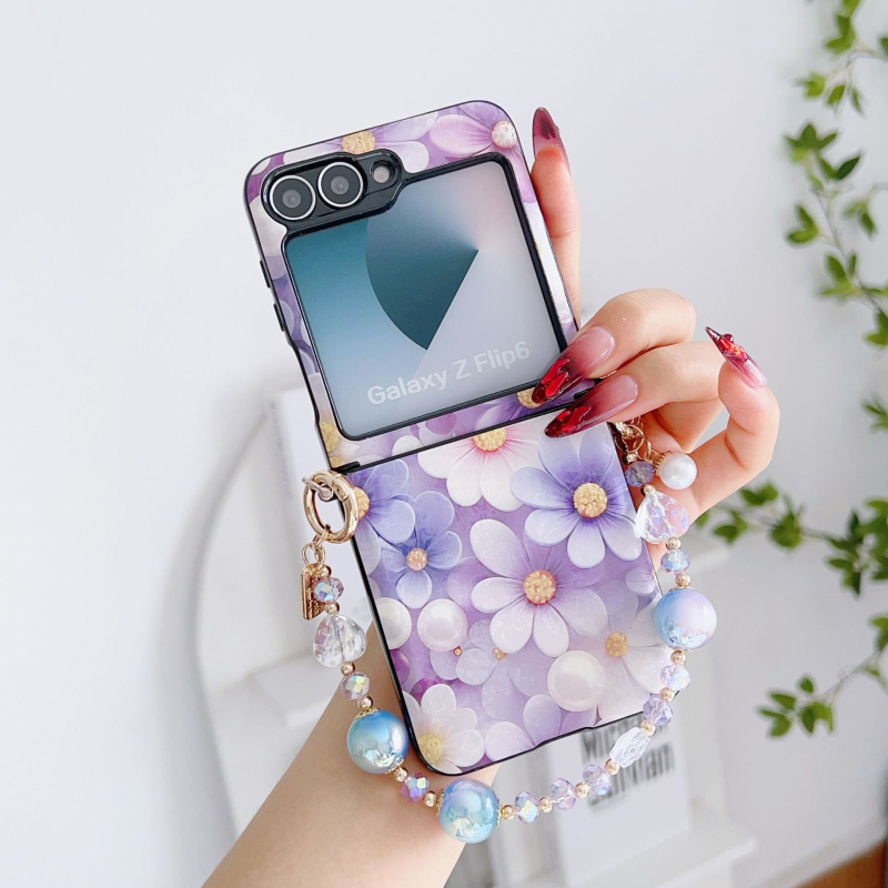 Carcasă de telefon în stil național, gradient floral, pentru Samsung Galaxy Z Flip7/5 și Z Flip6/4 – două în unu, realizată manual, din piele sintetică, cu fular de mătase pentru ținere