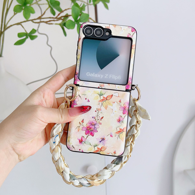 Carcasă de telefon în stil național, gradient floral, pentru Samsung Galaxy Z Flip7/5 și Z Flip6/4 – două în unu, realizată manual, din piele sintetică, cu fular de mătase pentru ținere