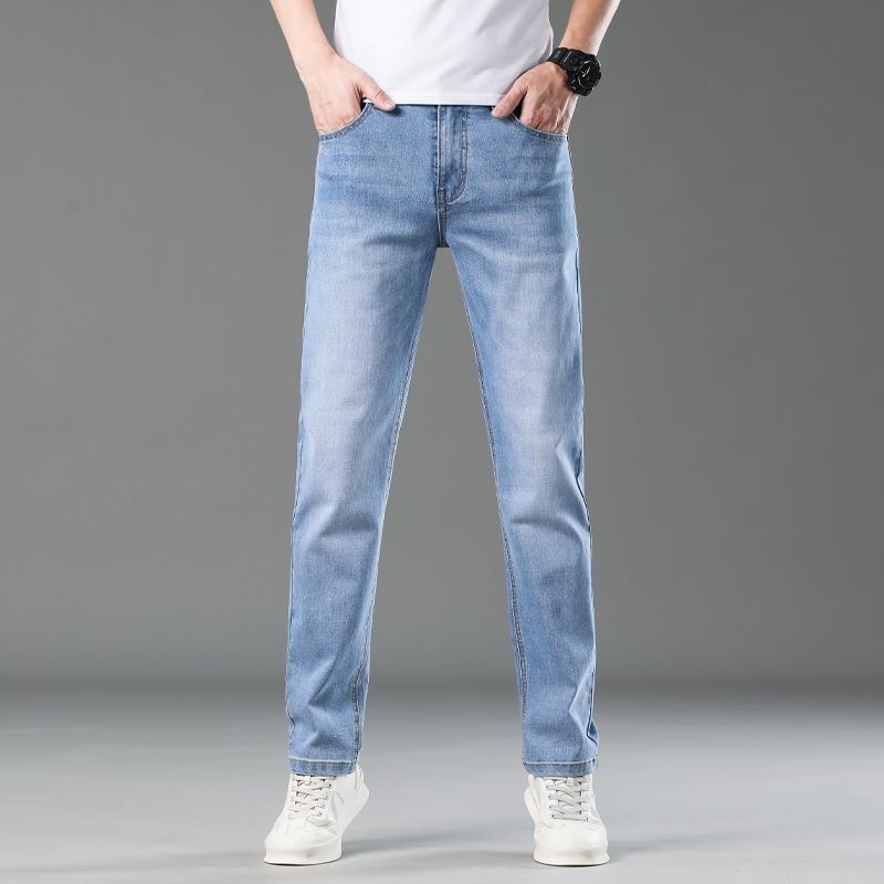 Jeanși bărbătești cu croială dreaptă din denim, elastici, bumbac, primăvară-vară, casual